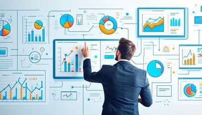 Illustration of a digital marketing consultant analysing data charts and marketing automation flows Illustration of a digital marketing consultant analysing data charts and marketing automation flows